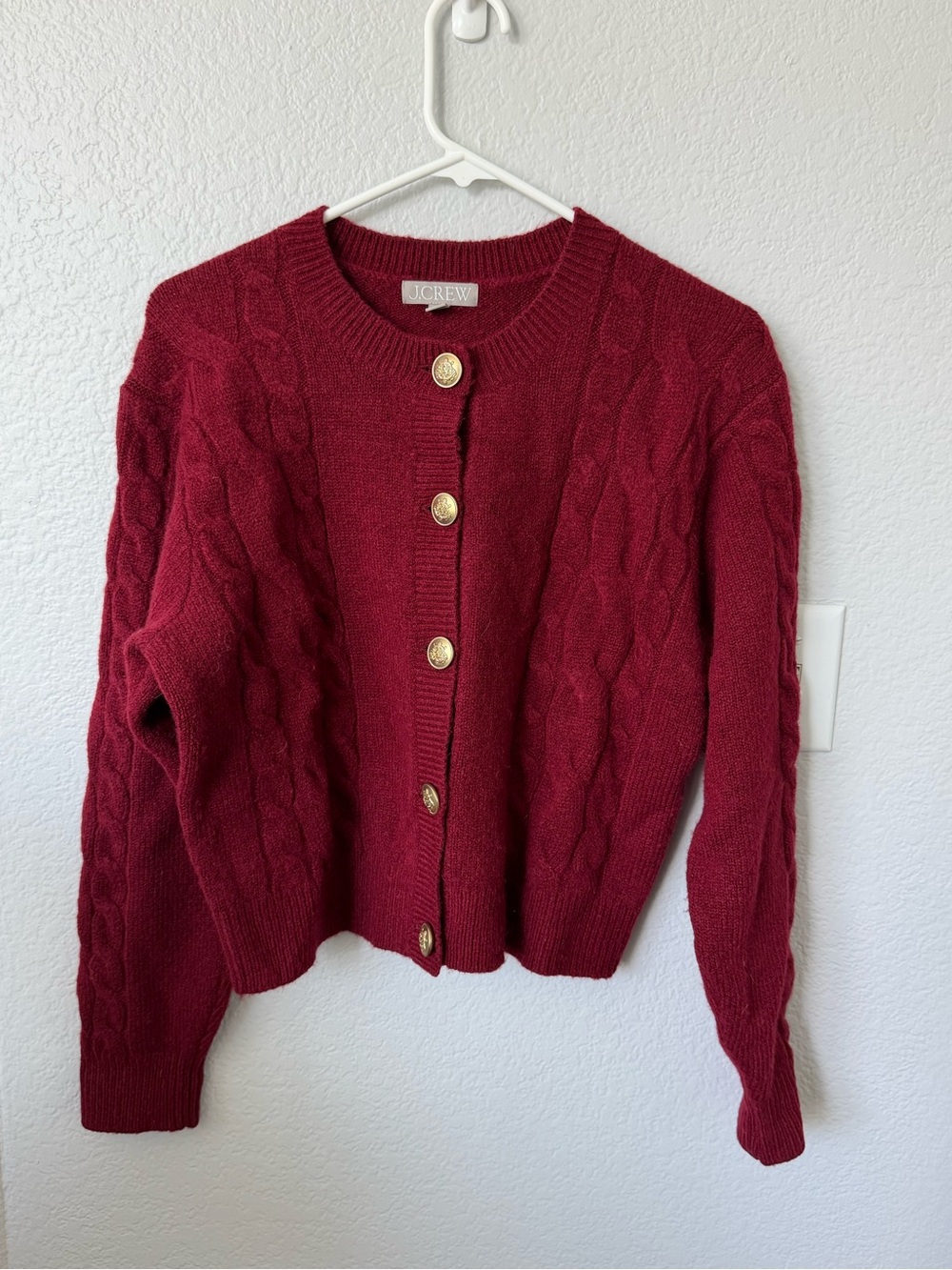 J. Crew Women's Cable-Knit Cardigan in Burgundy with Gold Buttons